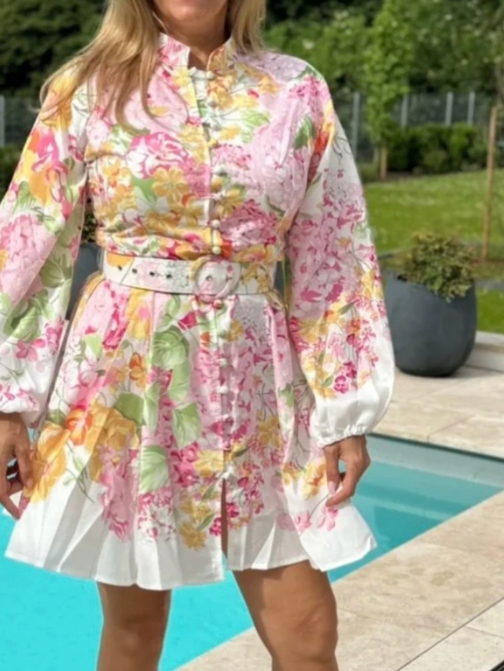 Floral Belted Mini Dress in Pink and Yellow